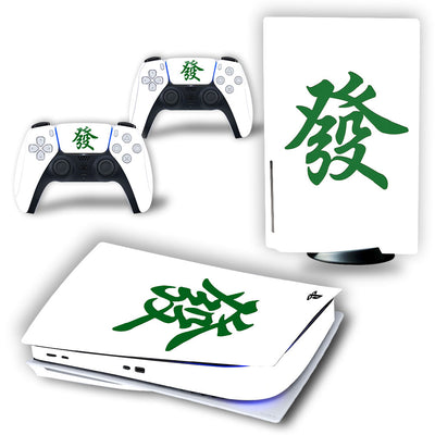 White PS5 console and controller skins with a green Mahjong character design. - Image 4