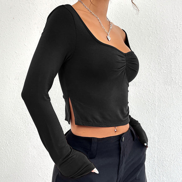 Blusa Larga Entallada con Escote en V y Abertura Lateral