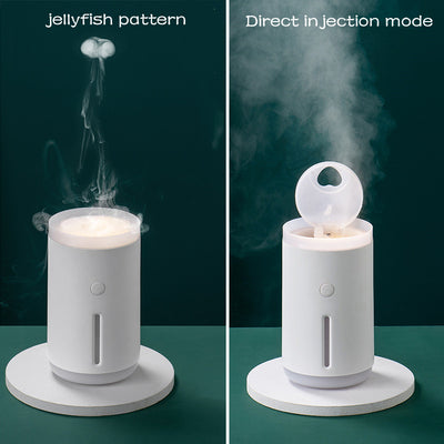 Porcelain white cylindrical humidifier emitting jellyfish-shaped mist, sitting on a round base against a split teal and dark green background. - Image 11