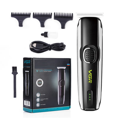 VGR V-020 professional black and silver rechargeable beard trimmer kit with 1mm, 2mm, 3mm guide combs, USB cable, cleaning brush, and oil. - Image 6
