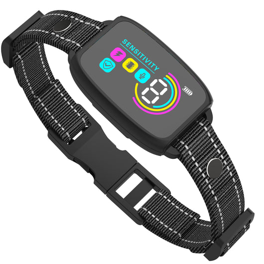 Smart automatic anti-barking dog collar with digital display, portable pet water bottle with food compartment, and a rectangular pet bed. - Image 7