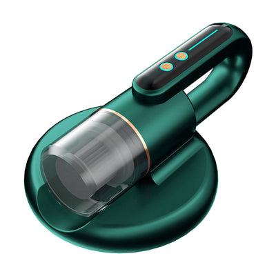 Dark blue handheld bed vacuum cleaner with clear dustbin, gold accents, and illuminated control panel on a charging base. - Image 6