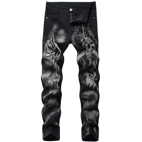 Pantalones Jeans Slim Fit Elásticos con Estampado Negro para Hombre