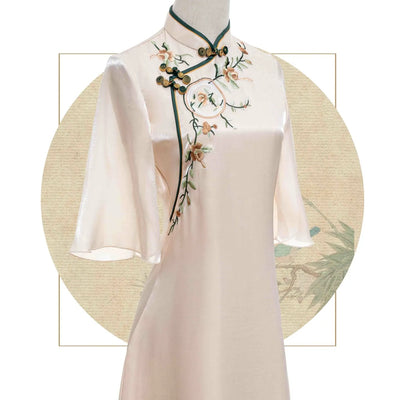 Vestido Cheongsam Disco con Bordado Floral Durazno y Beige - Image 3