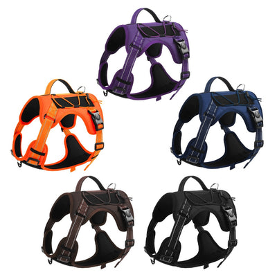 Purple pet harness with reflective straps, a top handle, and a metal D-ring for leash attachment. - Image 5