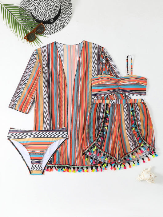 Four-piece swimsuit set with a colorful striped bikini, tassel shorts, and a matching kimono cover-up. - Image 6