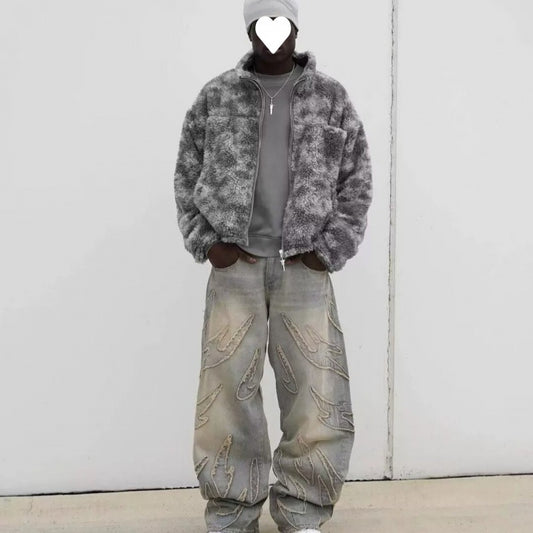 Pantalones Jeans Anchos Rotos Teñidos a Mano para Hombre