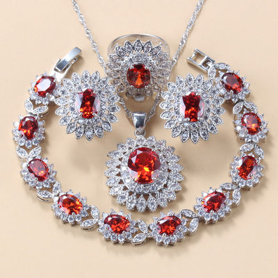 Conjunto de 4 Piezas: Anillo, Pulsera, Collar y Aretes de Granate con Circonia Cúbica - Image 20