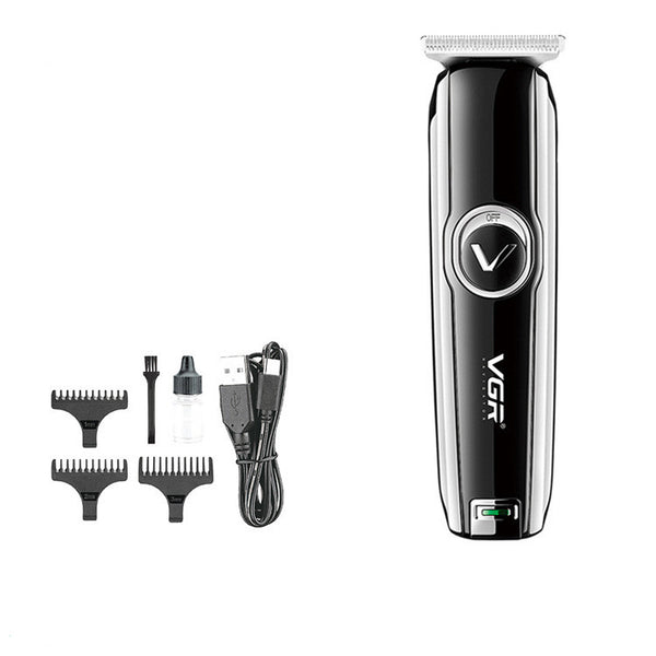 Black VGR rechargeable hair trimmer with silver blade, USB charging cable, cleaning brush, oil, and three guide combs (1mm, 2mm, 3mm). - Image 11