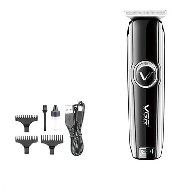 Black VGR rechargeable hair trimmer with silver blade, USB charging cable, cleaning brush, oil, and three guide combs (1mm, 2mm, 3mm). - Image 11