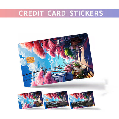 Anime cityscape credit card sticker with vibrant pink, purple, and blue hues, showing buildings and power lines. - Image 15