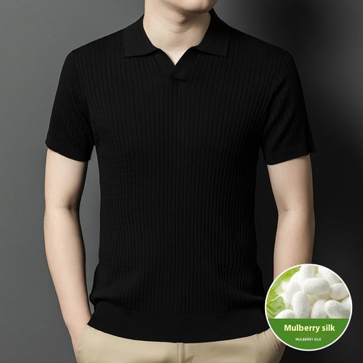Camiseta de Seda Mulberry para Hombre - Cuello Solapa Manga Corta Lujo Casual