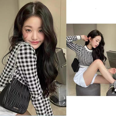 Suéter Cuadros Blanco y Negro Estilo Coreano Holgado para Mujer - Image 11