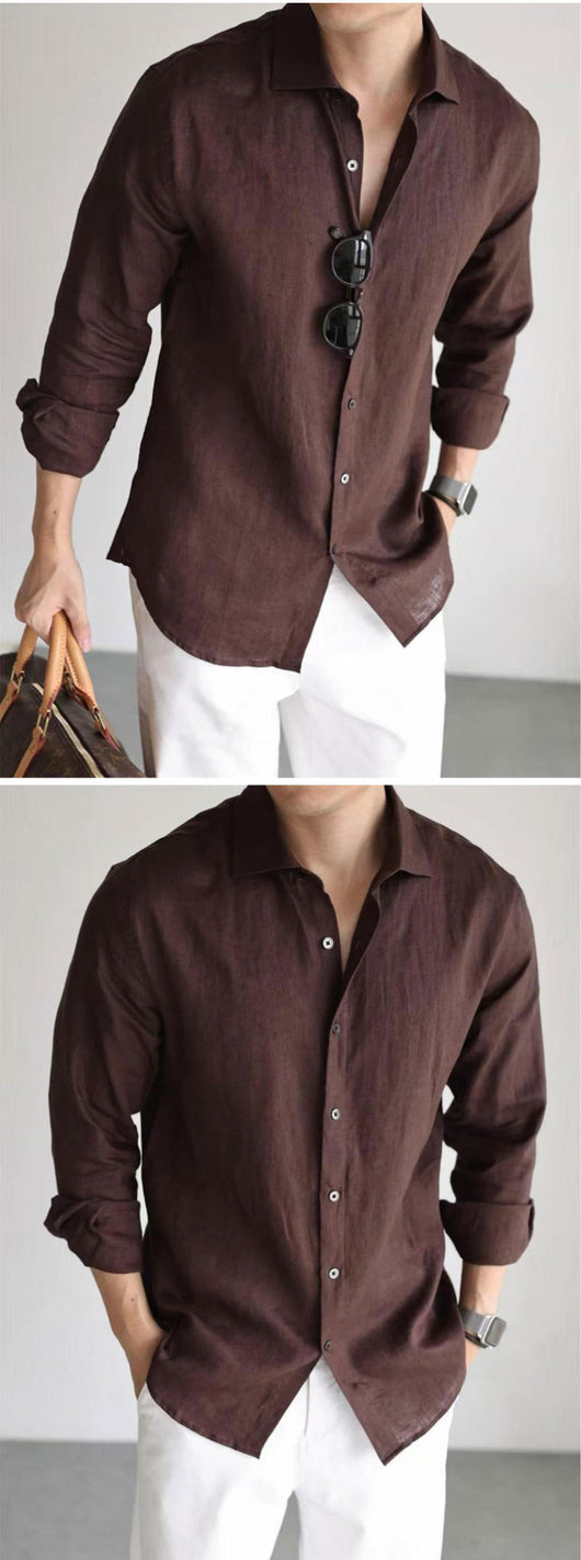 Camisa Casual Business Mezcla Algodón Lino Teñida en Hilo Colores Sólidos - Image 10