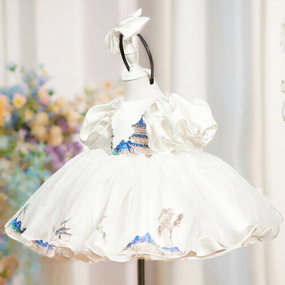 Vestido de Fiesta Infantil Blanco con Mangas Abullonadas de Satén - Image 12
