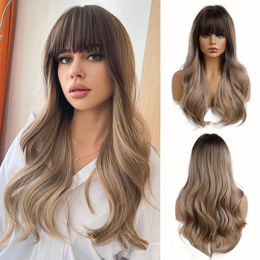 Peluca Larga Rizada con Flequillo Marrón para Mujer - Image 8