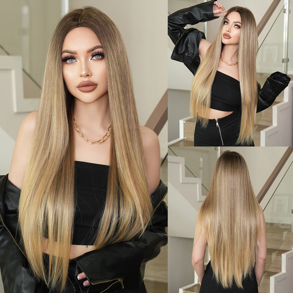 Peluca Larga Degradado Dorado Fibra Sintética Premium Cabello Liso Natural