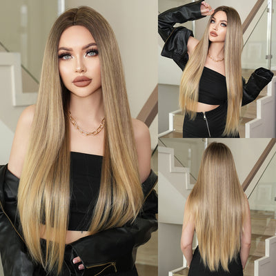 Peluca Larga Degradado Dorado Fibra Sintética Premium Cabello Liso Natural