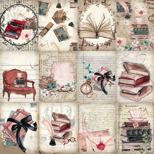 Vintage hand ledger stickers featuring books, typewriters, inkwells, letters, and botanical elements for journaling and crafts.