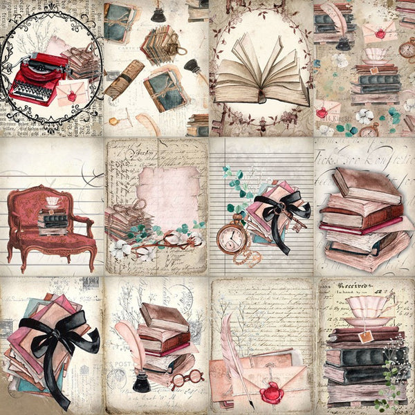 Vintage hand ledger stickers featuring books, typewriters, inkwells, letters, and botanical elements for journaling and crafts.