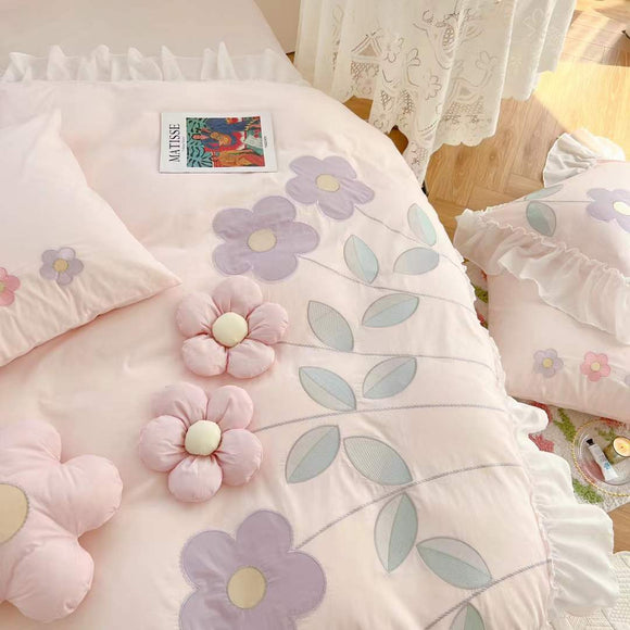 Juego de Cama Bordado Floral 3D - Funda Nórdica y Sábanas de Algodón