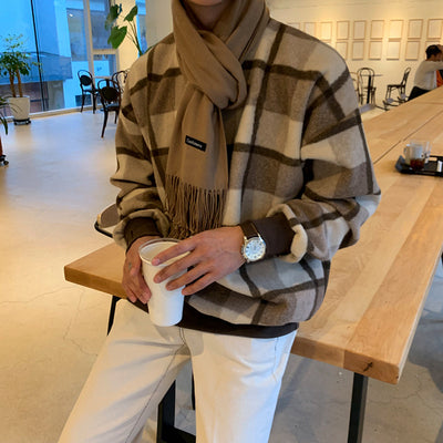 Suéter Cuadros Grueso Hombre Cuello Redondo Abrigo Invierno Oversize