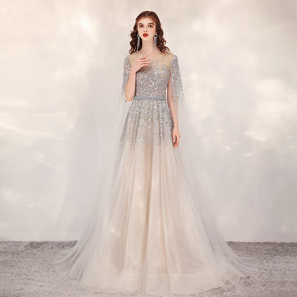 Vestido de Noche Largo Dorado Premium con Mangas Volantes