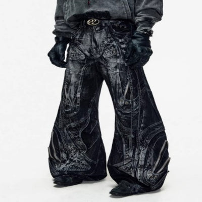 Jeans Patchwork Futurista con Cintura Ajustable y Silueta Definida