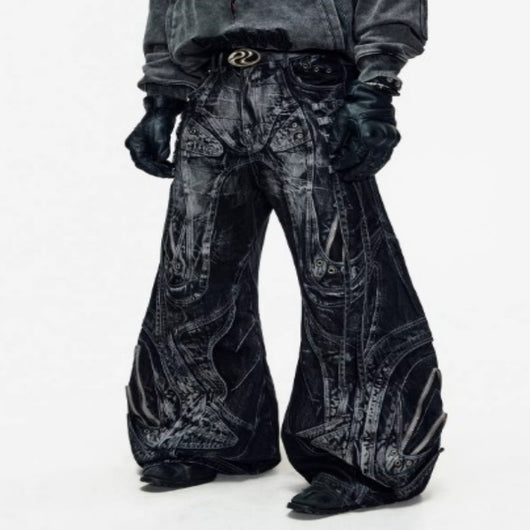 Jeans Patchwork Futurista con Cintura Ajustable y Silueta Definida