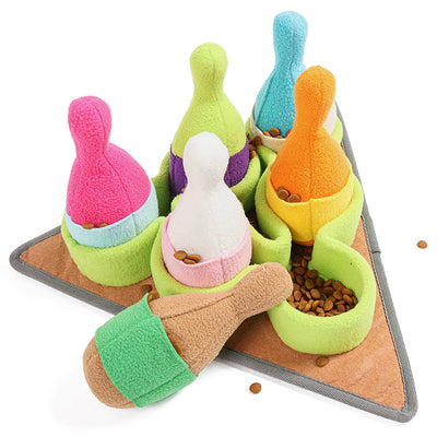 Colorful pet puzzle toy with bowling pin shapes and a chicken drumstick, designed for slow feeding and training. - Image 4