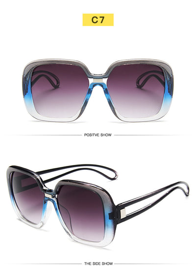 Large frame sunglasses with gradient purple lenses and a blue-to-clear fade on the bottom of the frame. - Image 12