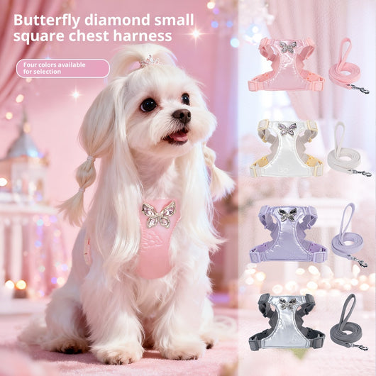 Pink pet harness and leash set with a shiny vest-style harness and rhinestone butterfly embellishment.