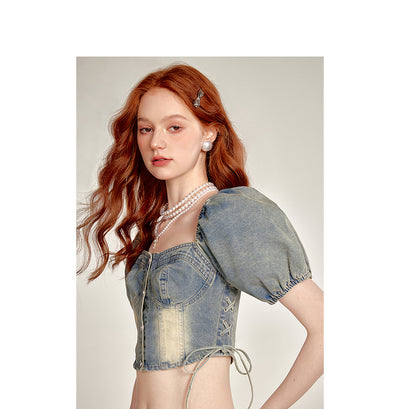 Top Denim Cropped con Cintura Fruncida y Cordones - Image 10