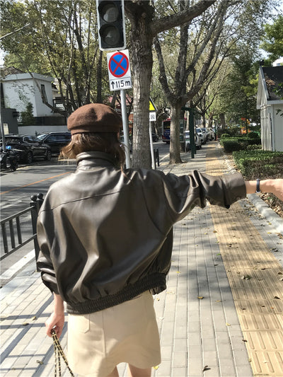Chaqueta de Cuero Cropped Retro Americana para Mujer - Estilo Cool y Sofisticado - Image 18