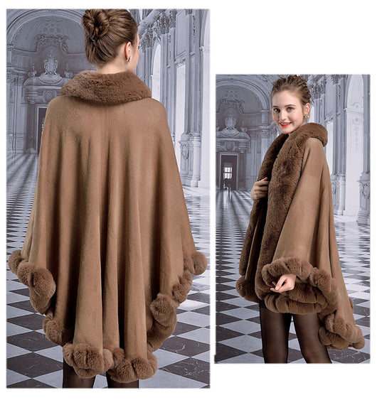 Capa de Lujo con Cuello de Piel de Conejo Rex para Mujer - Image 12