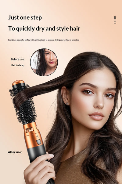 5-in-1 multifunctional hair styler with dark gray handle and rose gold accents, including hot air comb, curling wands, and paddle brush attachments, plus a blac - Image 6