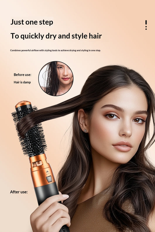 5-in-1 multifunctional hair styler with dark gray handle and rose gold accents, including hot air comb, curling wands, and paddle brush attachments, plus a blac - Image 6