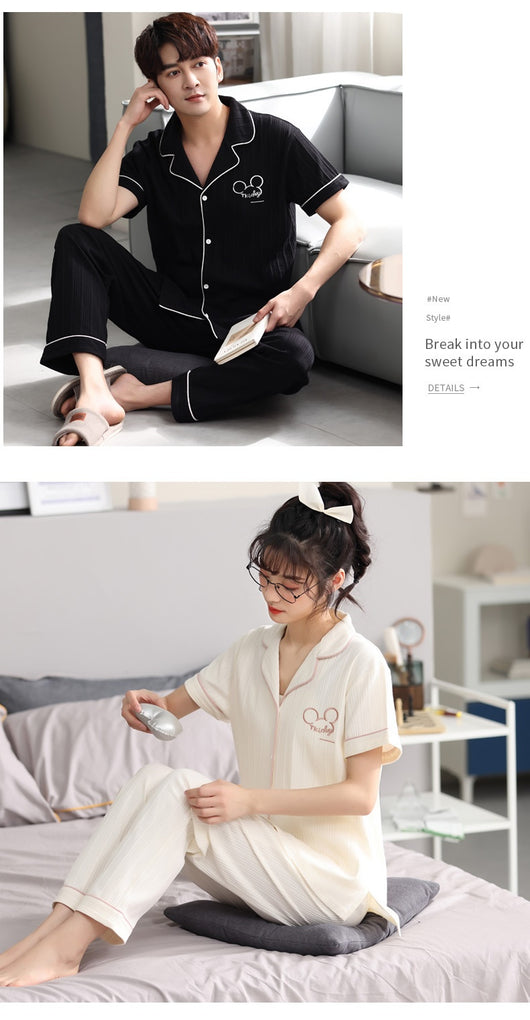 Matching red cotton couple pajamas with short sleeves, long pants, gold piping, and "Love you Dnaw" embroidery. - Image 17