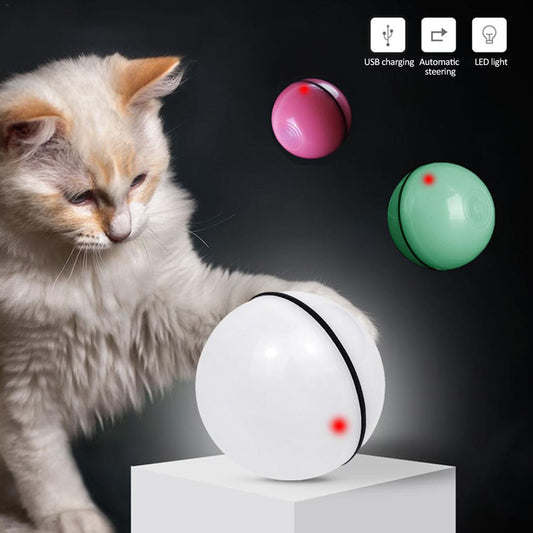 Blue LED Magic Ball pet toy for cats, packaged with batteries, measuring 6.4cm, on a white background.