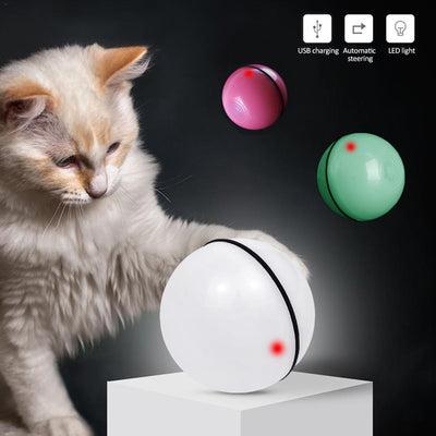 Blue LED Magic Ball pet toy for cats, packaged with batteries, measuring 6.4cm, on a white background.