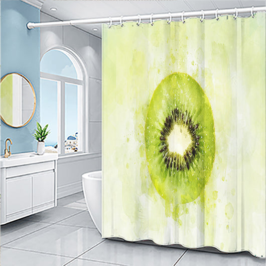Light blue shower curtain with a repeating pattern of yellow pineapples and light green tops. - Image 5