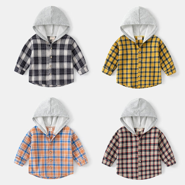 Camisa Infantil Coreana a Cuadros con Capucha - Manga Larga Trendy