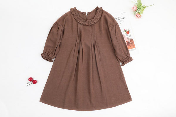 Vestido Infantil de Lino con Encaje y Mangas Largas