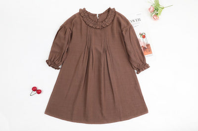 Vestido Infantil de Lino con Encaje y Mangas Largas