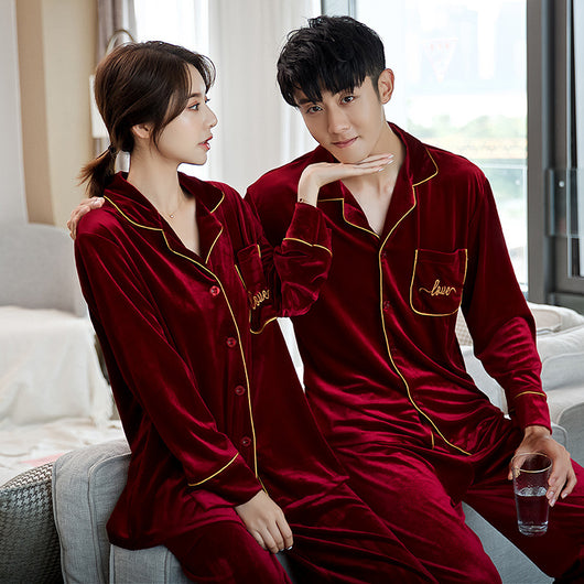 Pijamas para Parejas Terciopelo Rojo Dorado - Manga Larga Otoño Primavera - Image 7