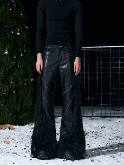 Pantalones de Cuero Flare con Patchwork de Pelaje Sintético para Hombre - Image 10