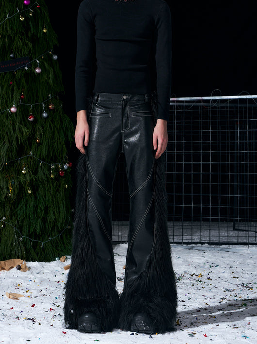 Pantalones de Cuero Flare con Patchwork de Pelaje Sintético para Hombre - Image 10