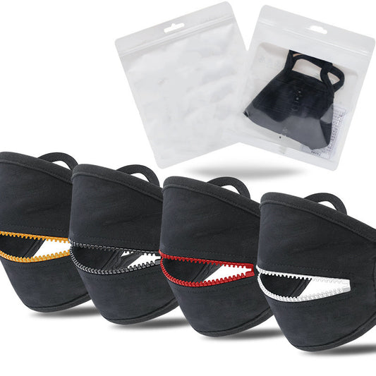 Black cotton face mask with ear loops and a horizontal zipper across the mouth area, partially open.