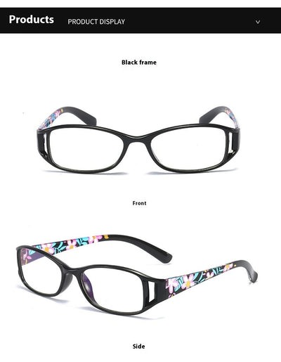 Women's lightweight fashion reading glasses with a red frame and colorful floral print temples. - Image 9