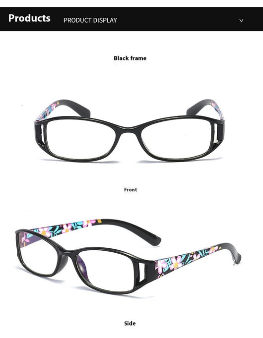 Women's lightweight fashion reading glasses with a red frame and colorful floral print temples. - Image 9